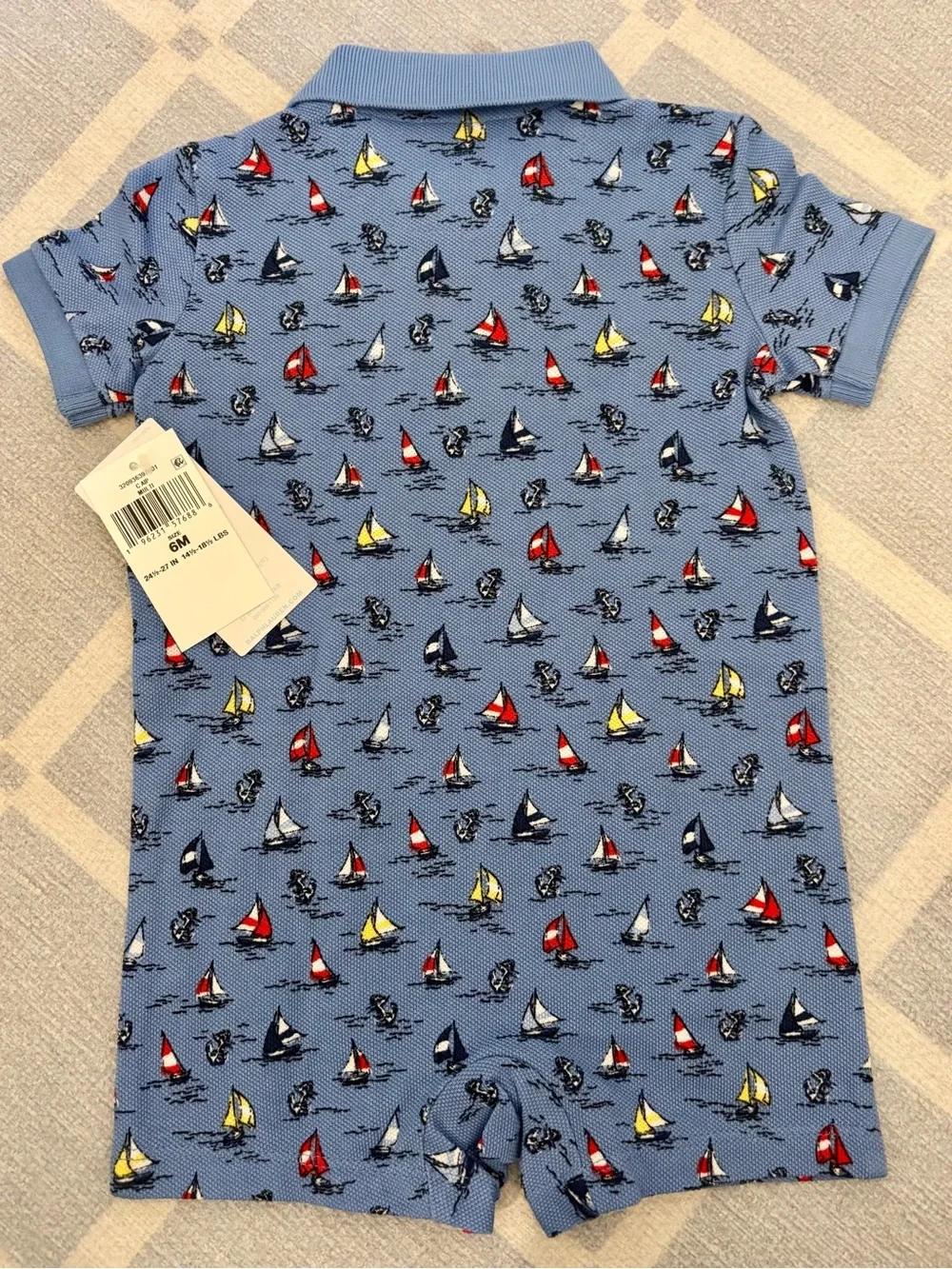 Ralph Lauren Baby Boy Sailboat Print Cotton Mesh Polo Shortall Romper - 6M - NWT
